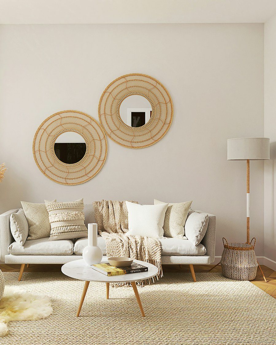 Round Cane and Wood Mirror Pair