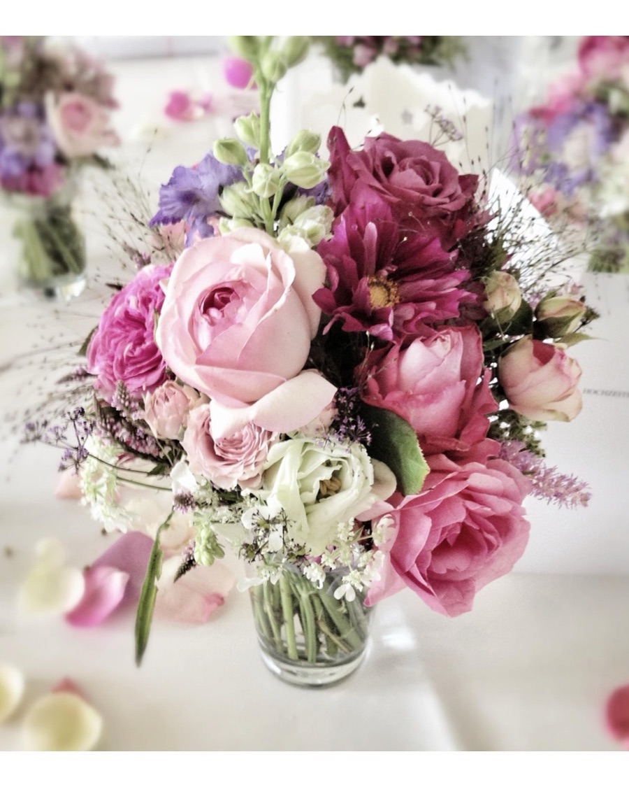 Faux Pink Rose Arrangement in Glass