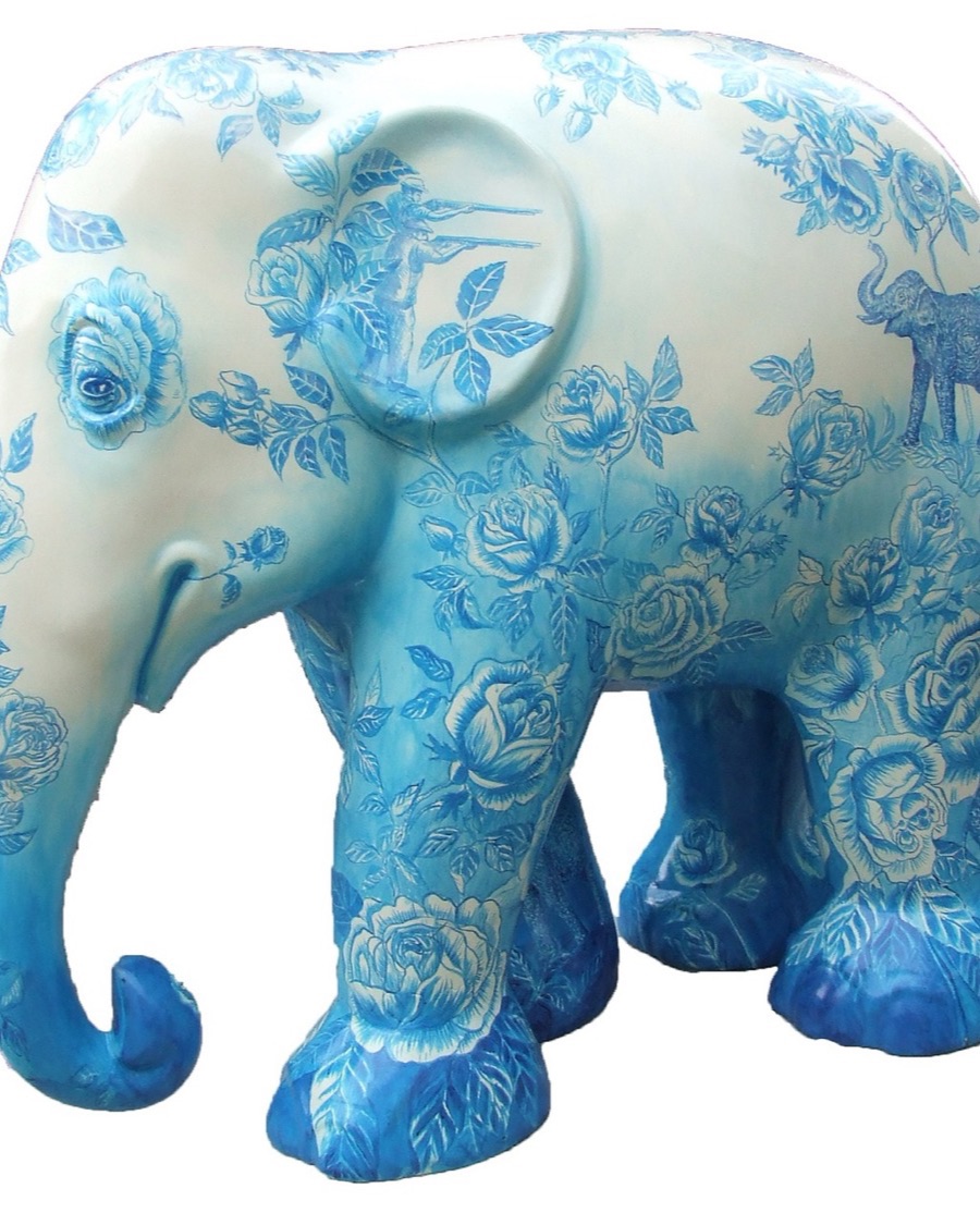 Blue Floral Painted Elephant