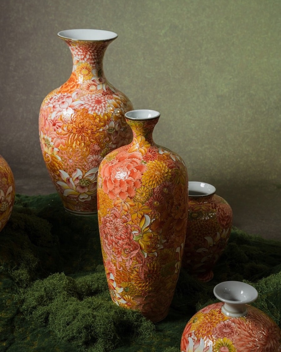 Hand-Painted Orange Vases, Pair