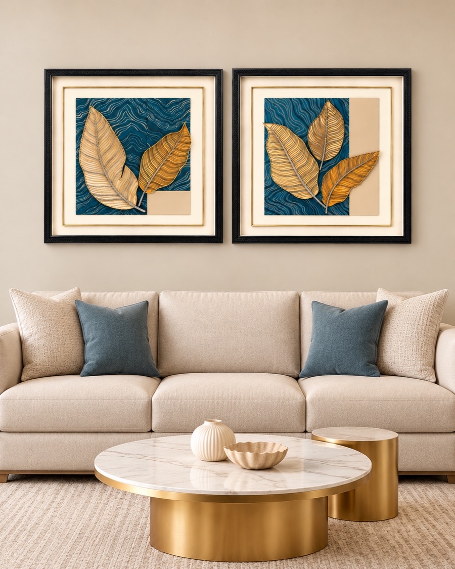 Golden Leaves on Teal, Set of Two