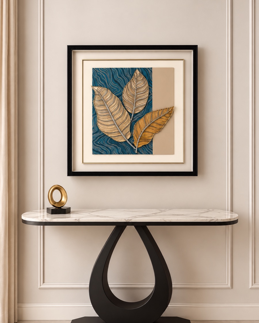 View image 2 of Golden Leaves on Teal Framed Art