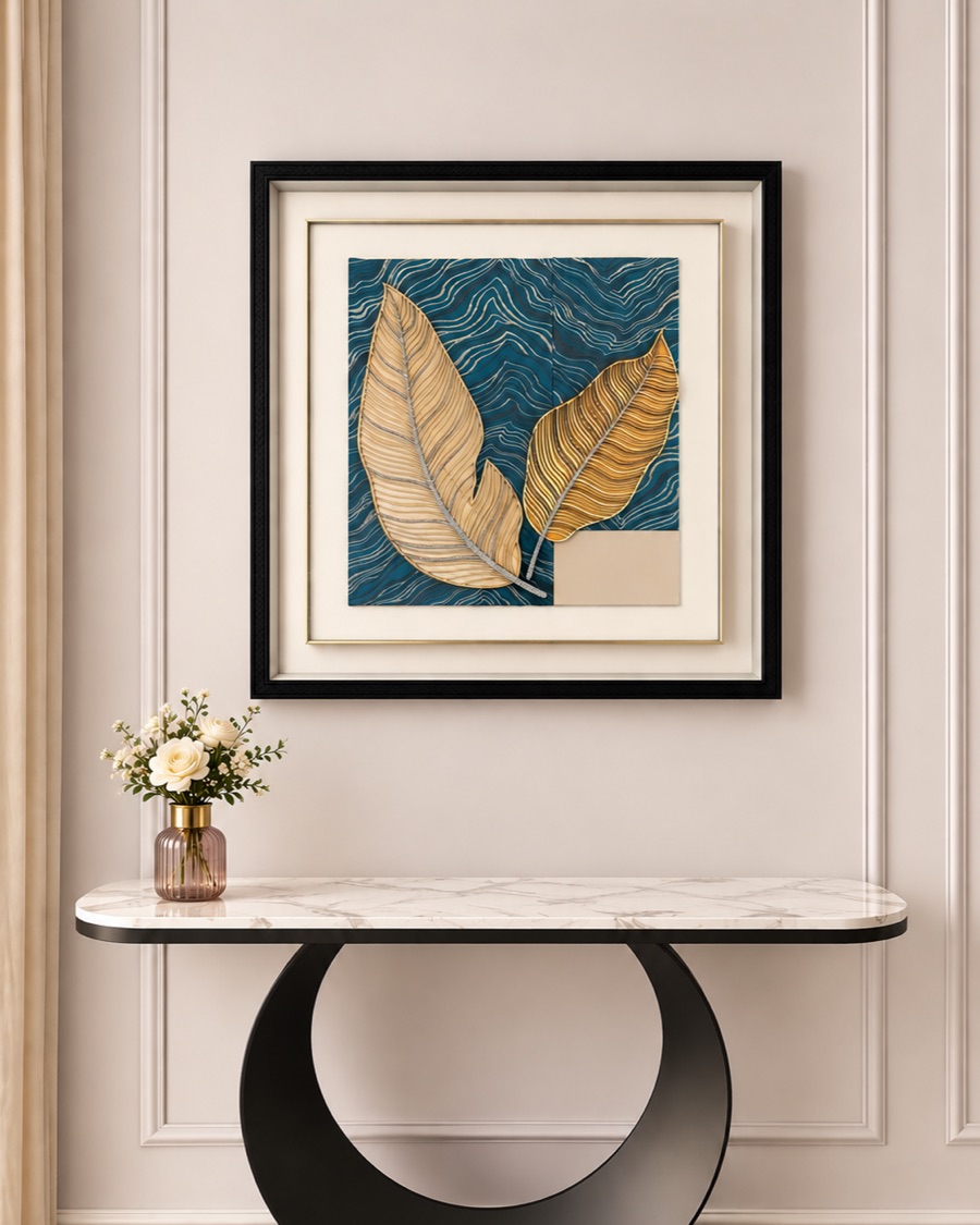 Golden Leaves on Teal Framed Art
