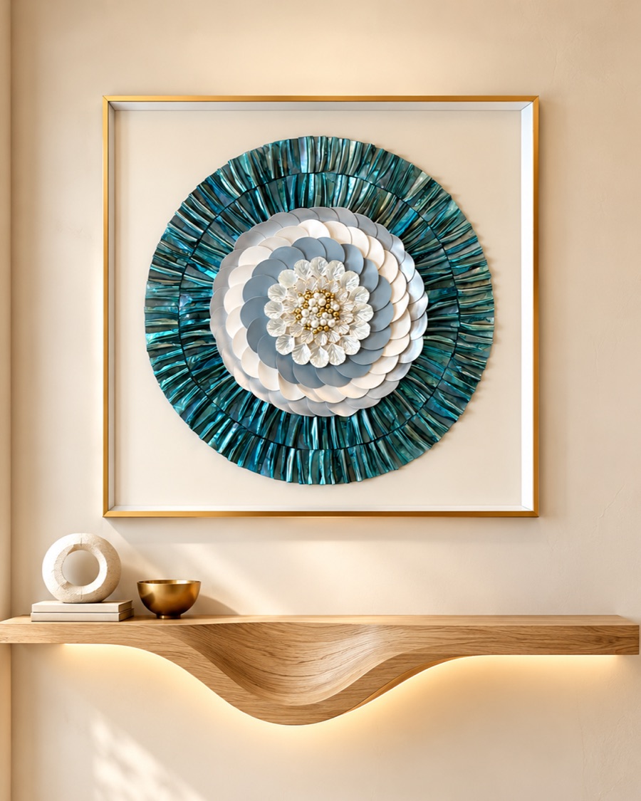 Teal and White Petal Mandala Art