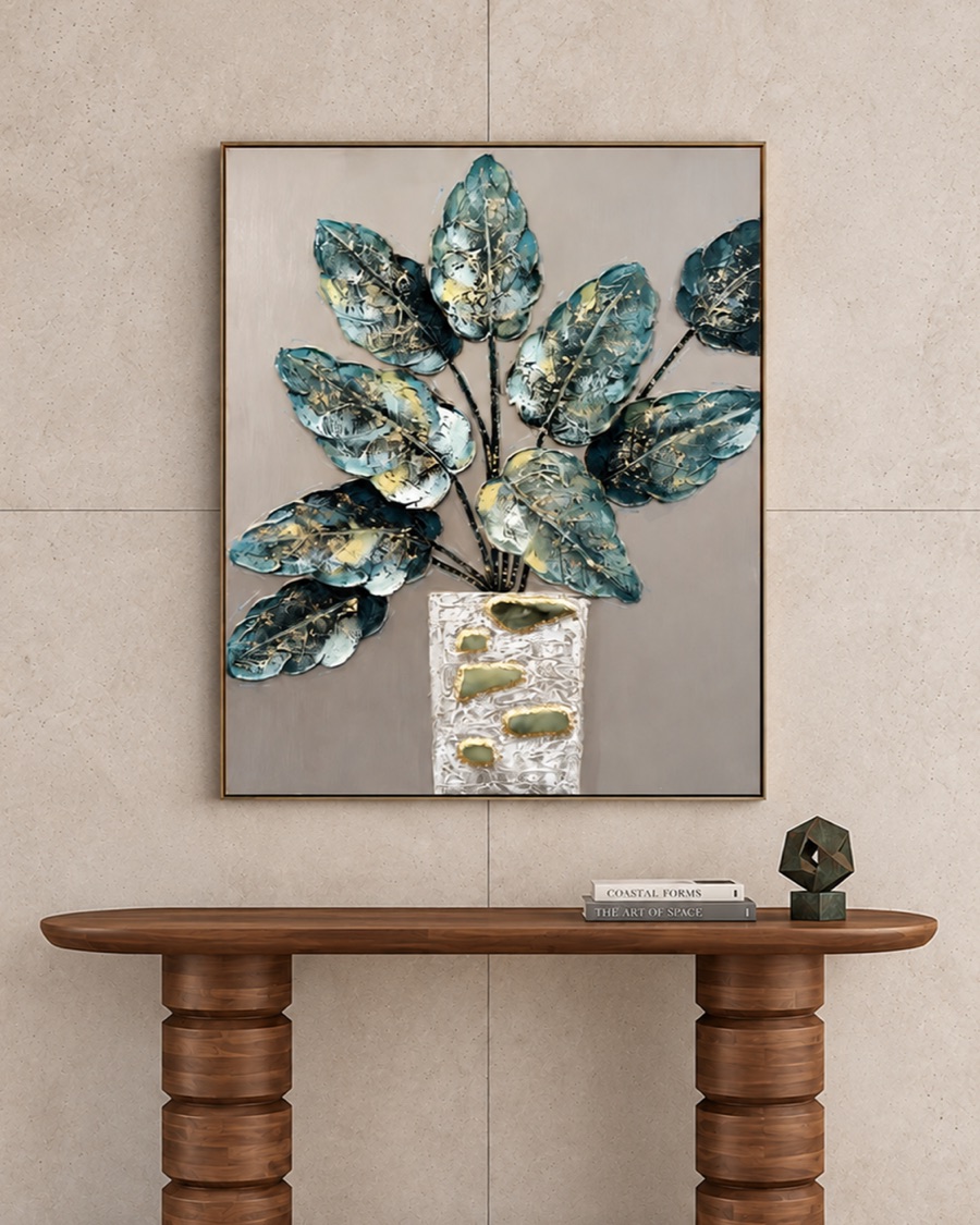 Metallic Leaves in a Vase Relief Art