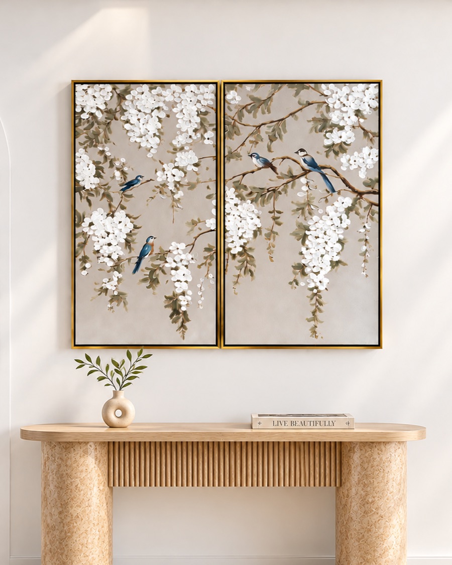 White Blossom and Birds Canvas, Set of Two