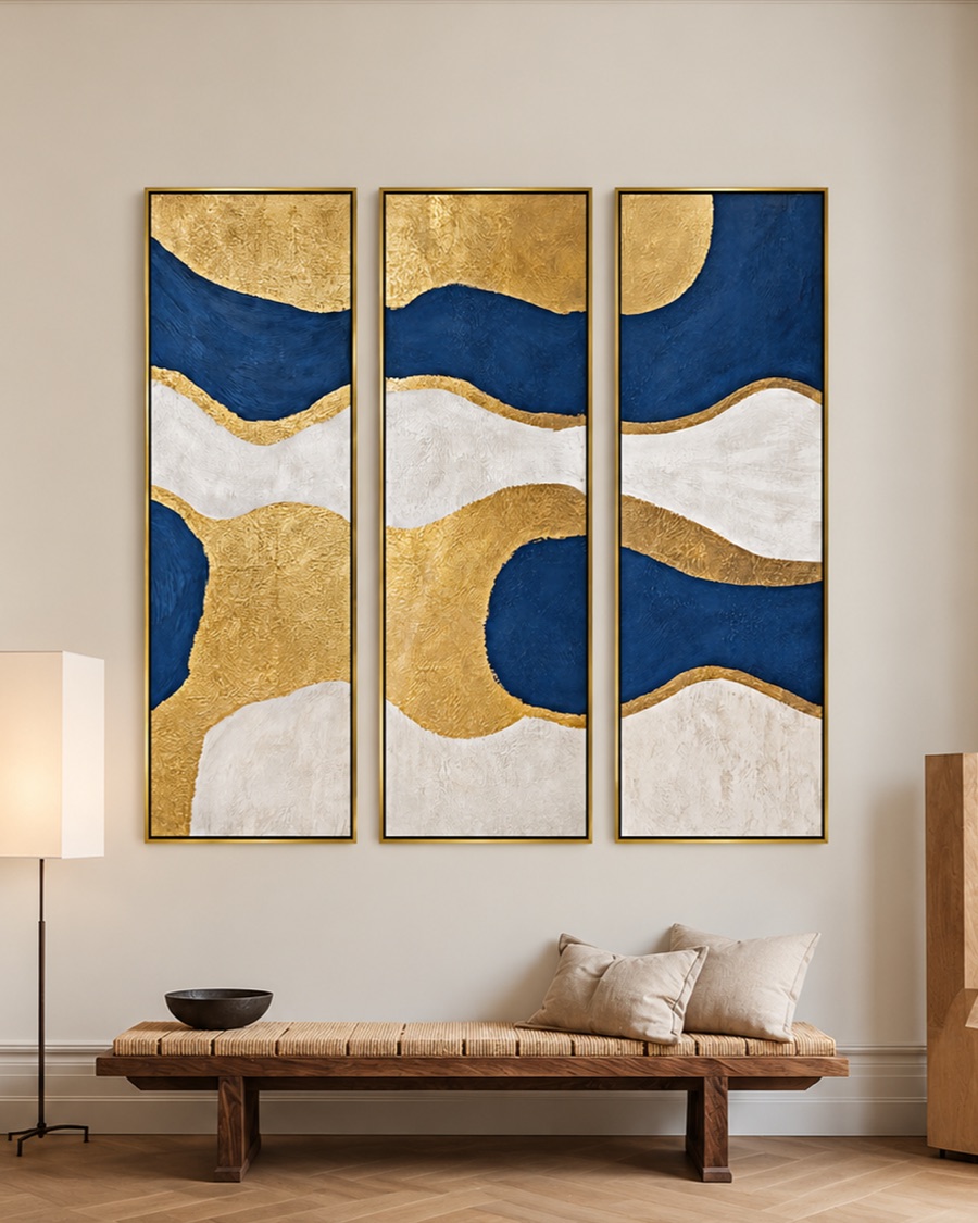 Blue and Gold Waves Canvas, Set of Three