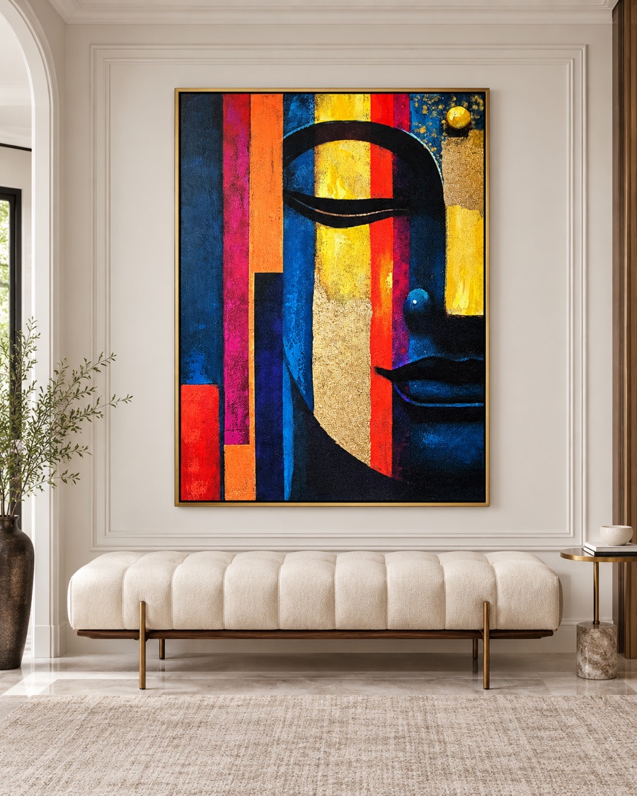 Colour-Block Buddha Canvas, Framed
