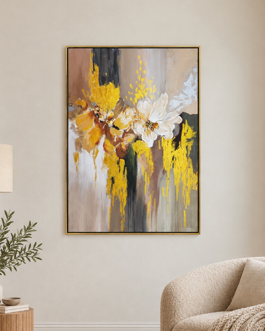 Golden Bloom Abstract Canvas, Framed