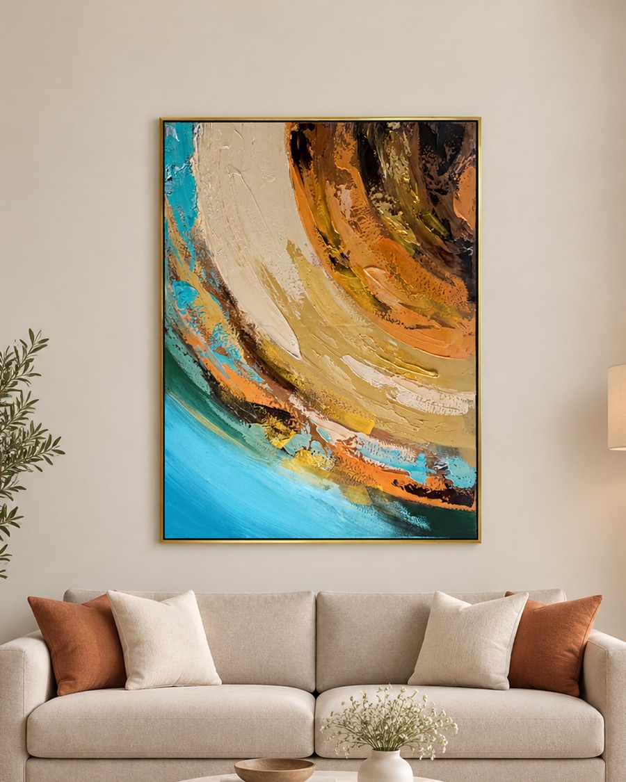 Ochre and Turquoise Abstract Canvas, Framed