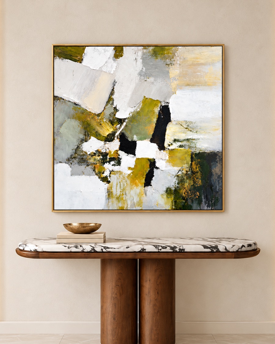 Olive and White Abstract Canvas