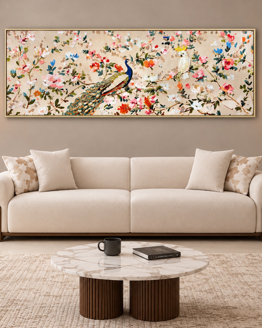Peacock in Blossom Canvas, Panoramic