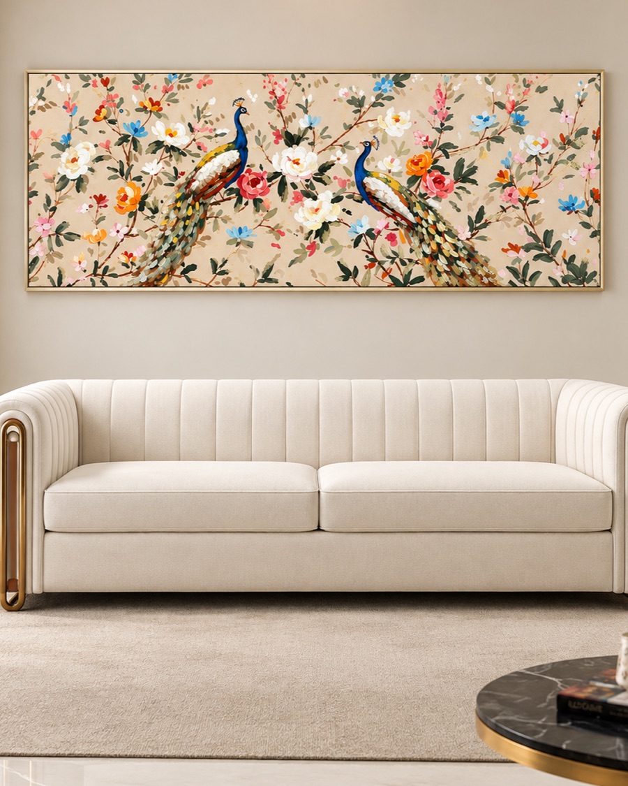 Twin Peacocks in Blossom Canvas, Panoramic