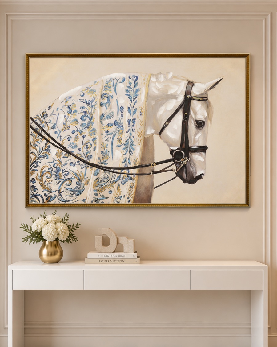 White Horse with Paisley Blanket Canvas
