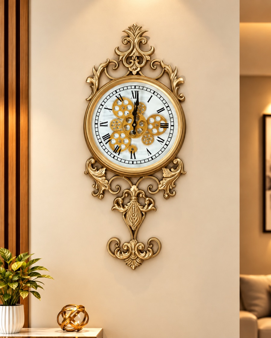 Baroque Gear Wall Clock, Gold