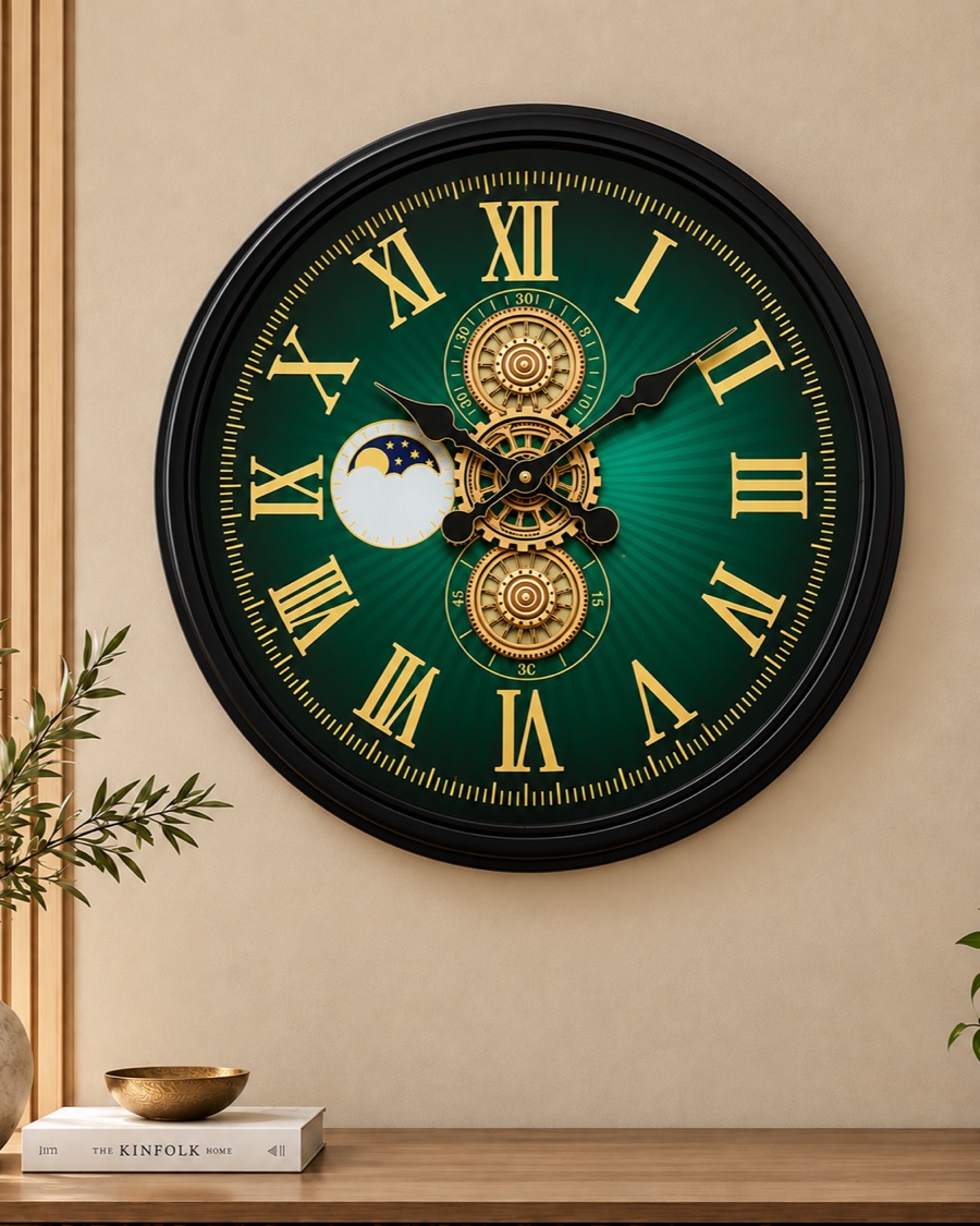 Green Moon Phase Gear Wall Clock