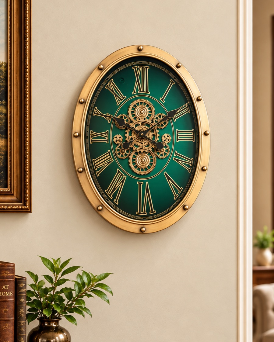 Oval Green Gear Wall Clock