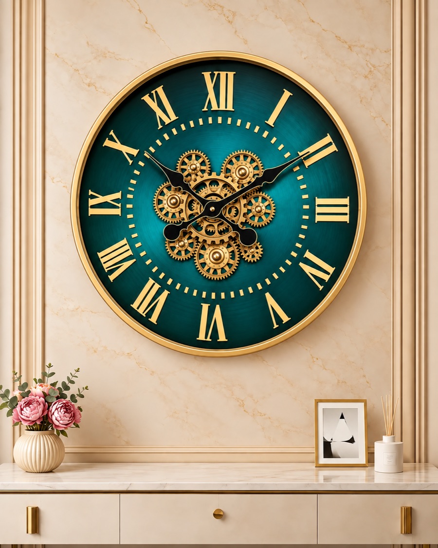 Teal Gear Wall Clock, Gold Numerals