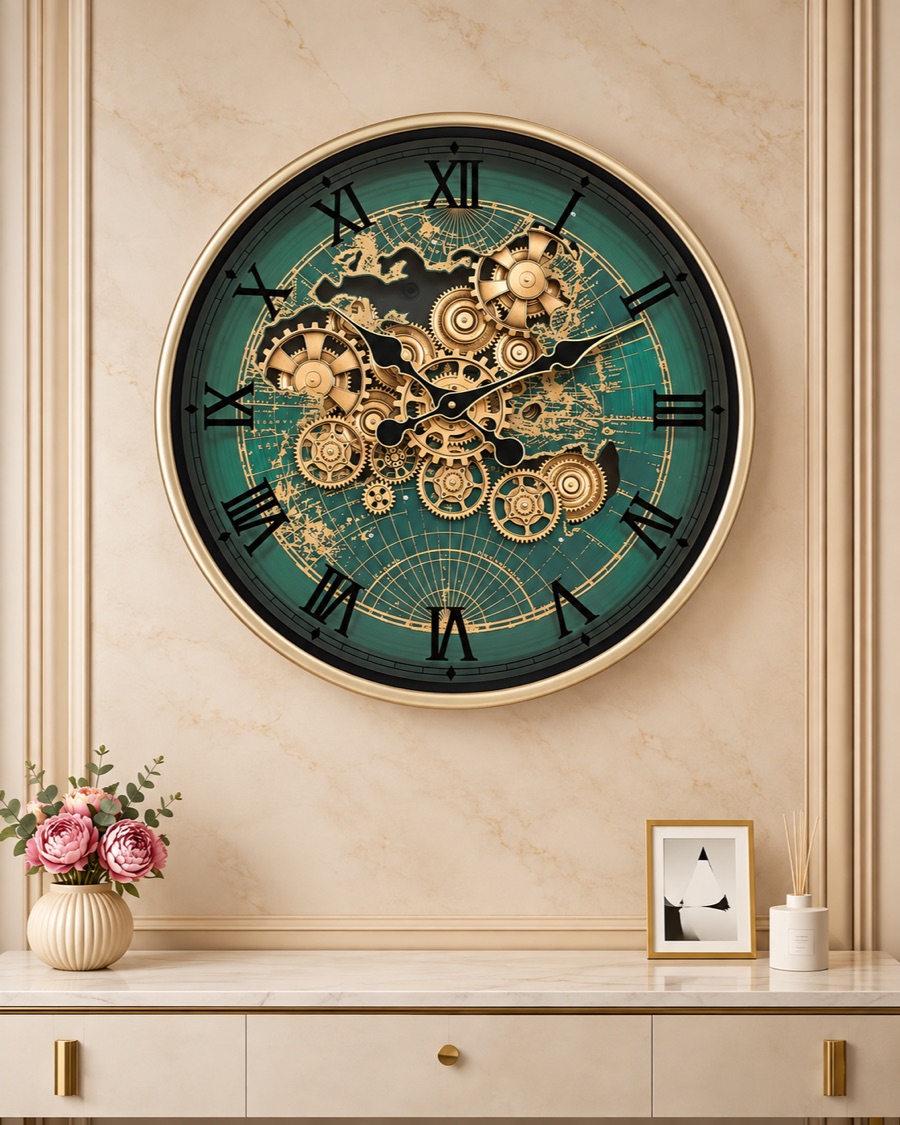 Teal Skeleton Gear Wall Clock