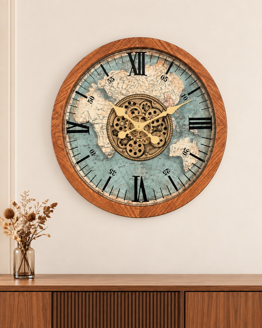 Vintage Map Gear Wall Clock