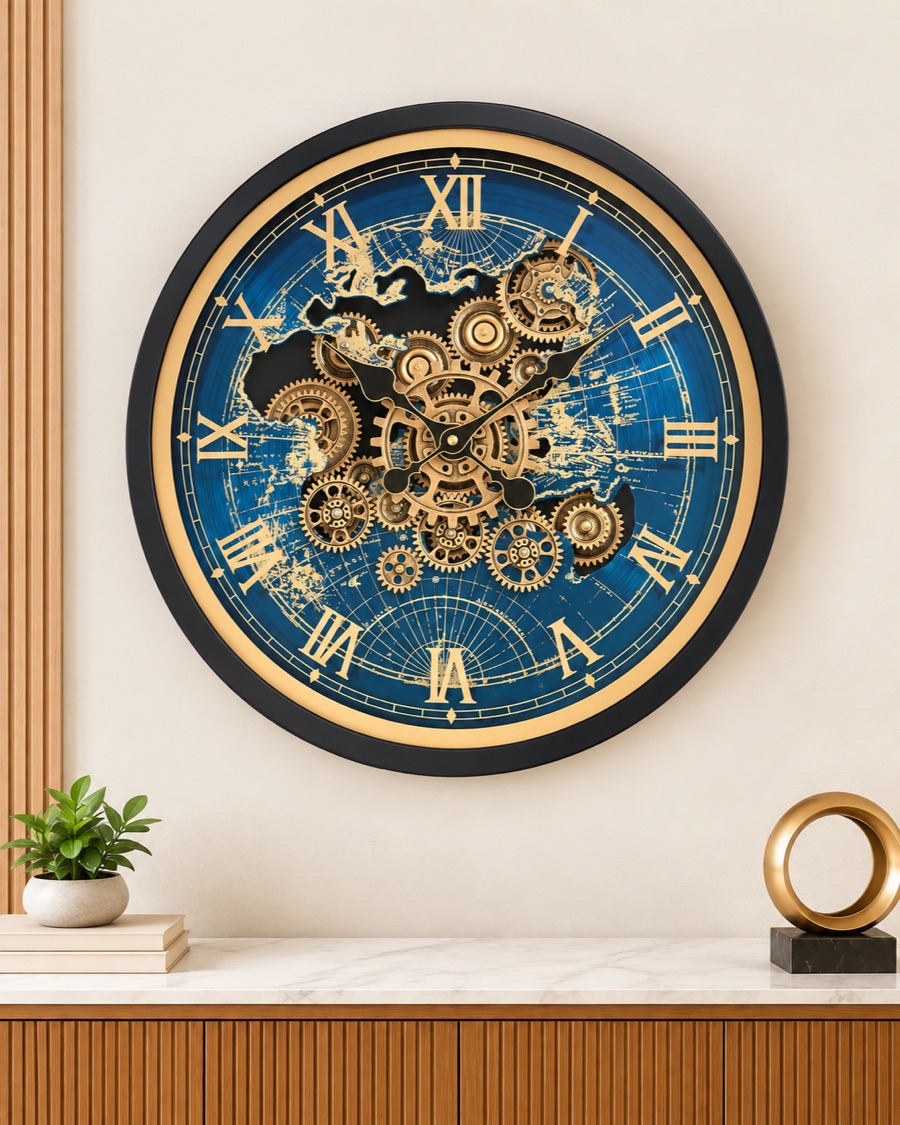Blue World Map Gear Wall Clock