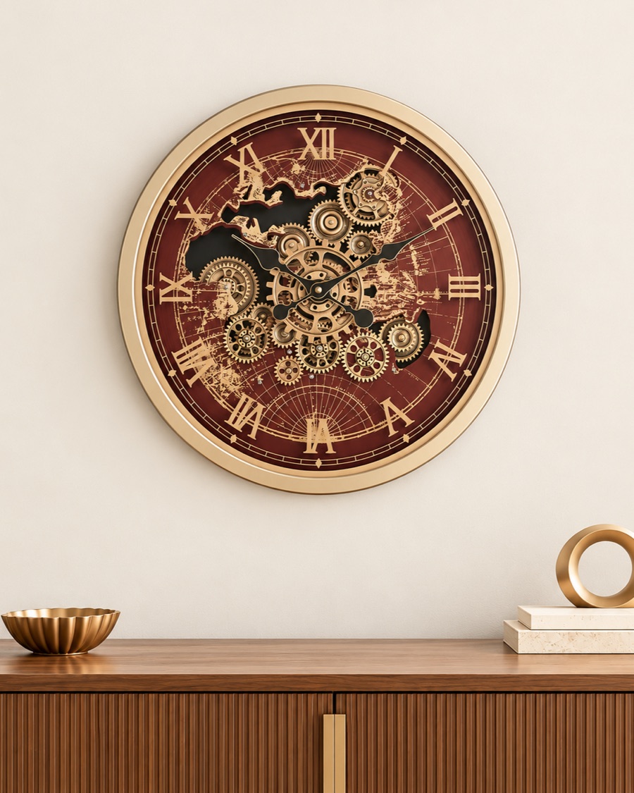 Burgundy World Map Gear Wall Clock