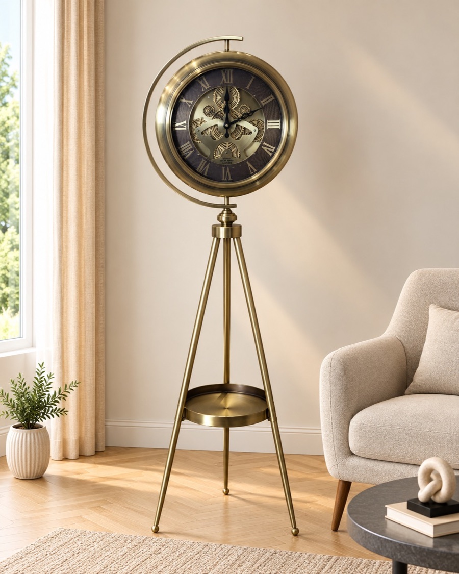 Antique Brass Floor Clock with Tray
