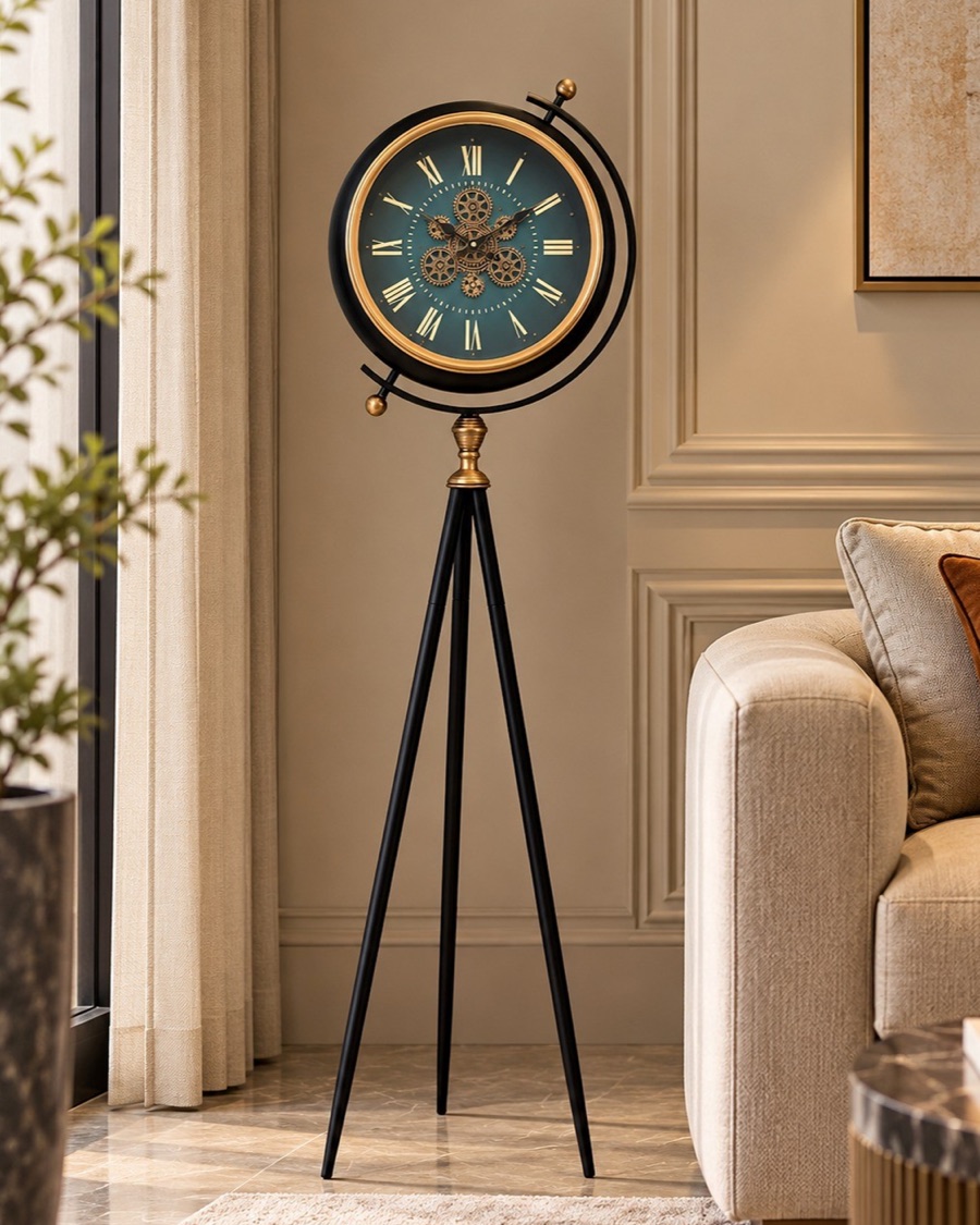 Globe Floor Clock, Black and Teal