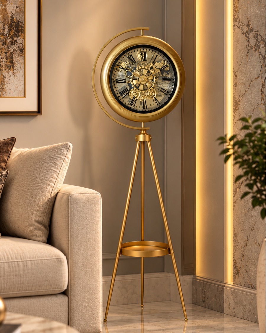 View image 3 of Gold Tripod Floor Clock with Tray