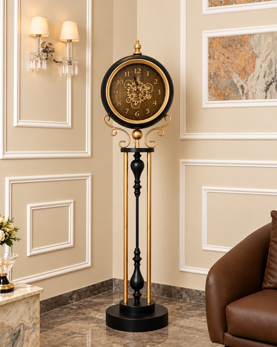 Pedestal Floor Clock, Black and Gold
