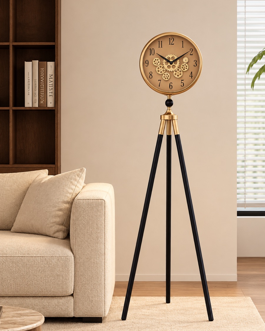 View image 2 of Tripod Floor Clock, Black and Gold