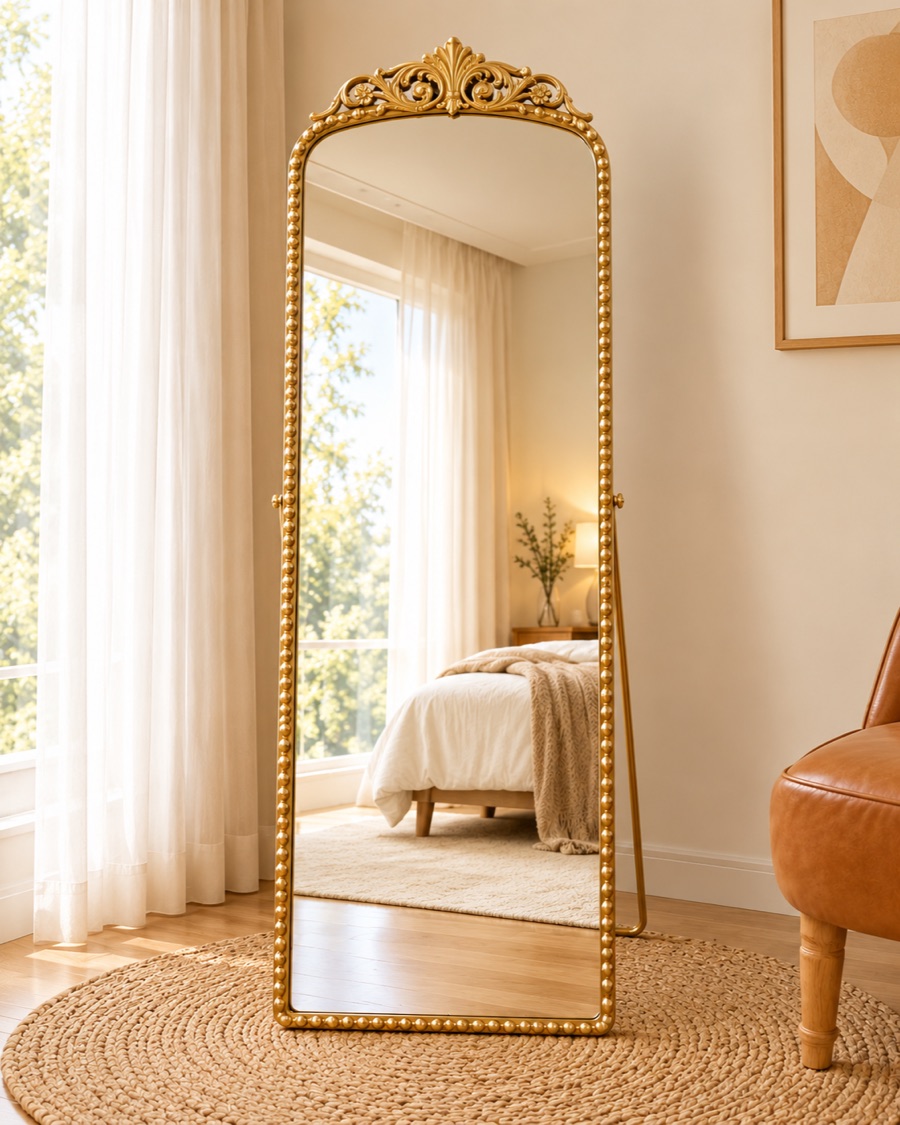 Crown Arch Beaded Floor Mirror
