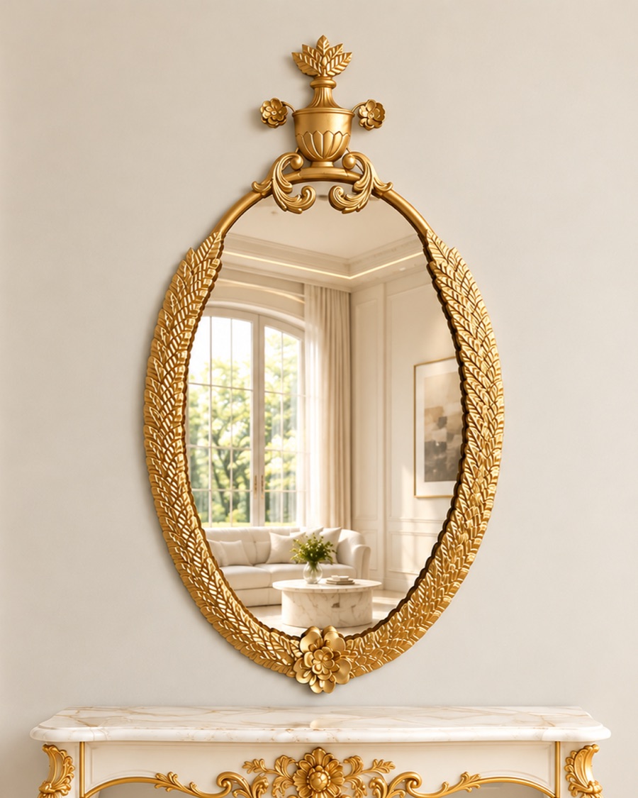 Gold Laurel Oval Mirror with Urn Crest